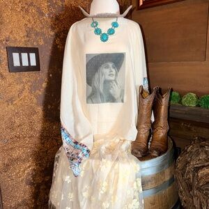 Cream Graphic Poncho with Floral Skirt